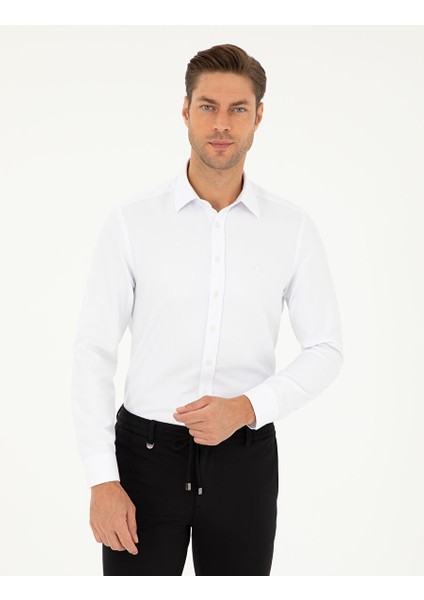 Beyaz Slim Fit Armürlü Uzun Kollu Gömlek