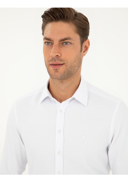 Beyaz Slim Fit Armürlü Uzun Kollu Gömlek fiyatları