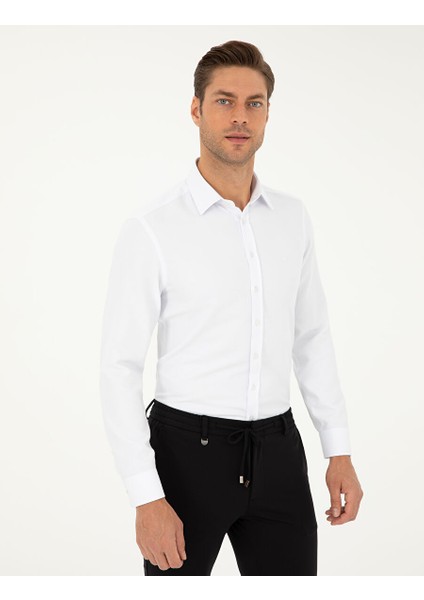 Beyaz Slim Fit Armürlü Uzun Kollu Gömlek modelleri