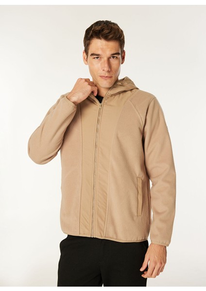 Bej Erkek Kapüşon Relaxed Düz Polar Sweatshırt C4WM-SWT4268