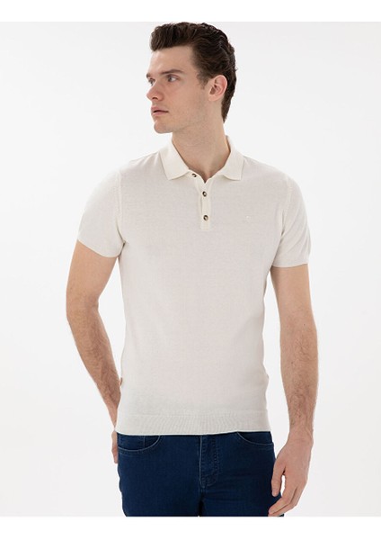 Ekru Slim Fit Düğmeli Polo Yaka Triko Tişört modelleri