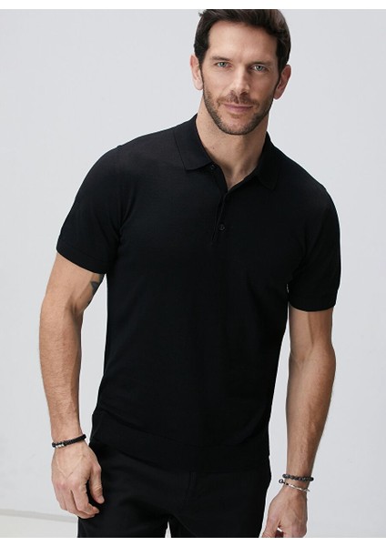 Siyah Erkek Polo Slim Fit Düz Kazak 1090454