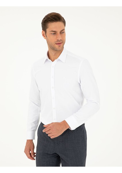 Beyaz Slim Fit Armürlü Uzun Kollu Gömlek modelleri