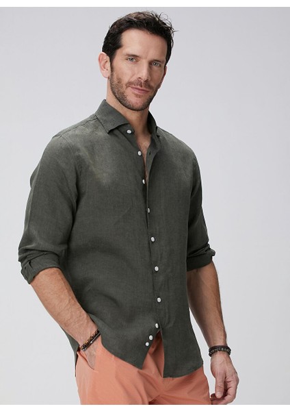 Haki Erkek Alttan Britli Slim Fit Gömlek 1094177
