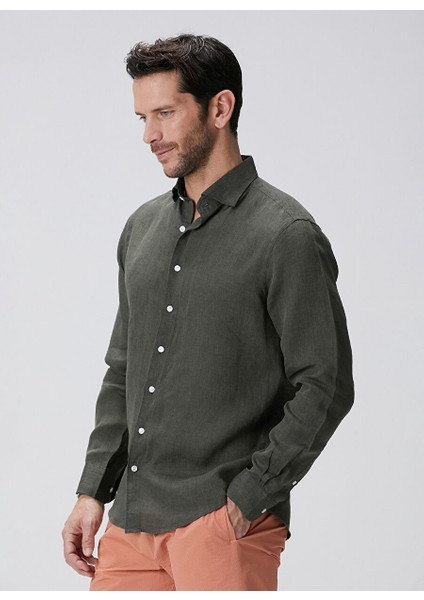 Haki Erkek Alttan Britli Slim Fit Gömlek 1094177