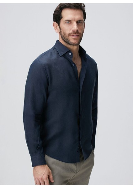 Lacivert Erkek Alttan Britli Slim Fit Gömlek 1094177