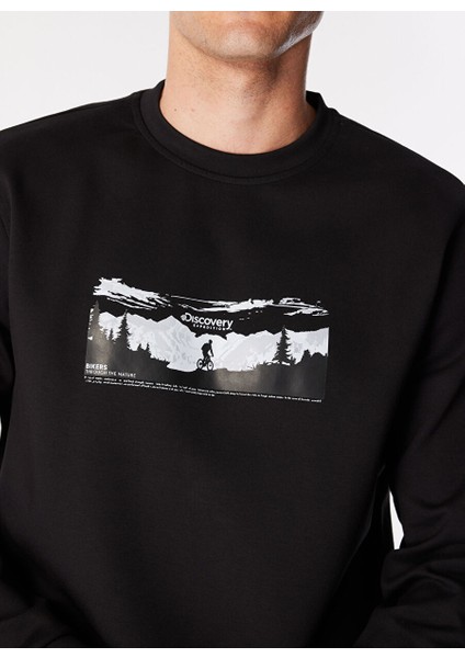 Siyah Erkek Bisiklet Relaxed Baskılı Sweatshirt D4WM-SWT3224