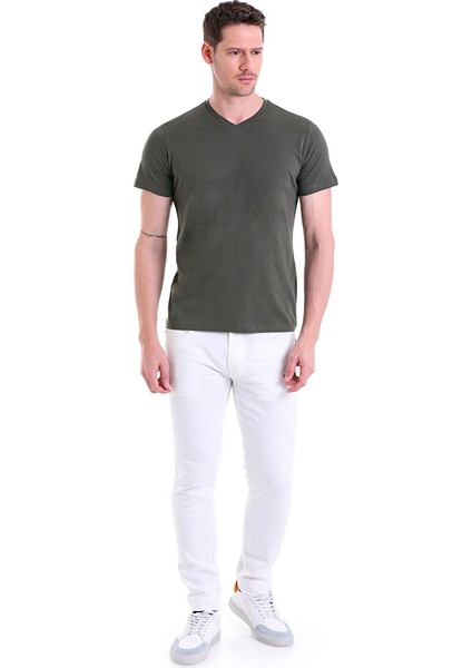 Haki Regular Fit Düz 100% Pamuklu V Yaka Tişört