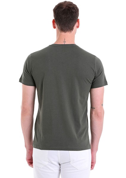 Haki Regular Fit Düz 100% Pamuklu V Yaka Tişört
