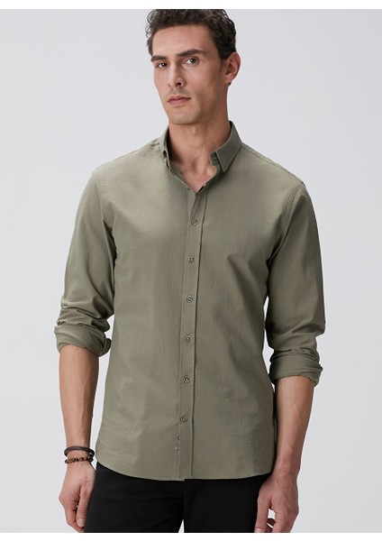 Haki Erkek Alttan Britli Slim Fit Gömlek 1094104