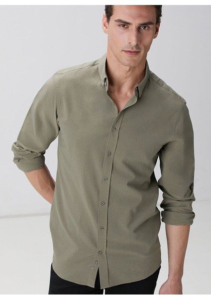 Haki Erkek Alttan Britli Slim Fit Gömlek 1094104