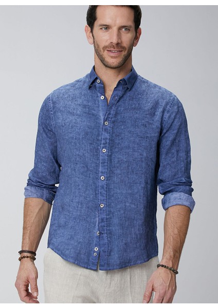 Lacivert Erkek Alttan Britli Slim Fit Gömlek 1094178