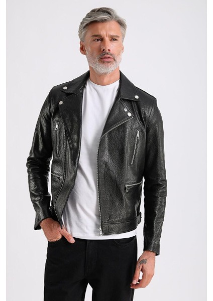 Judah Erkek Siyah Jumbo Biker Deri Mont