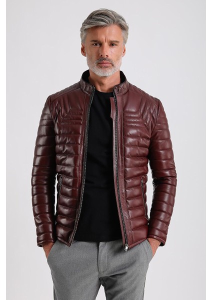 James Erkek Bordo Şişme Deri Mont
