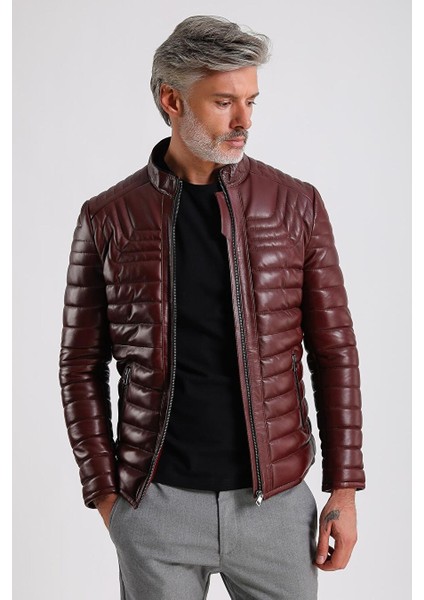 James Erkek Bordo Şişme Deri Mont