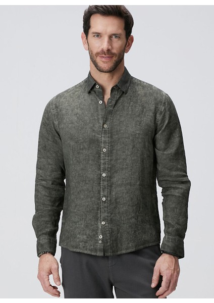Haki Erkek Alttan Britli Slim Fit Gömlek 1094178