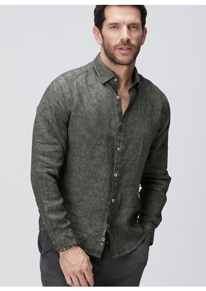 Haki Erkek Alttan Britli Slim Fit Gömlek 1094178