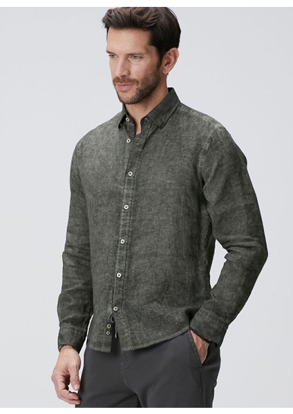 Haki Erkek Alttan Britli Slim Fit Gömlek 1094178