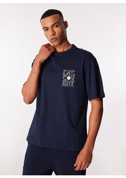 Lacivert Erkek Bisiklet Yaka Baskılı T-Shirt D4SM-TST3268
