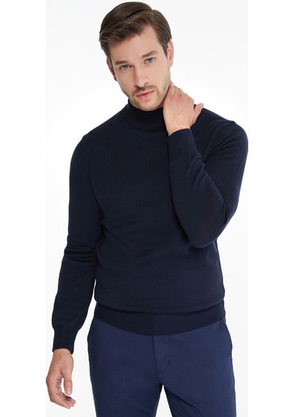 Lacivert Regular Fit Düz Yarım Balıkçı Yaka Triko Kazak