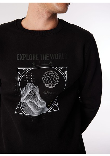 Siyah Erkek Bisiklet Relaxed Baskılı Sweatshirt D4WM-SWT3270