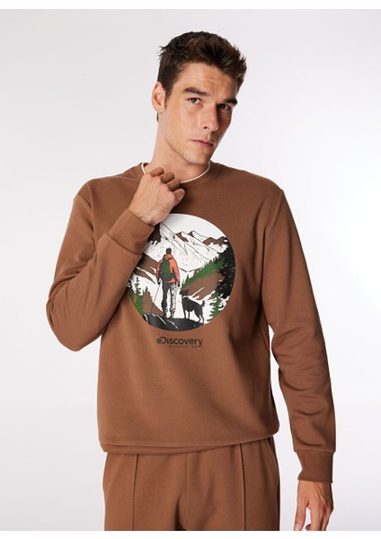 Açık Kahve Erkek Bisiklet Relaxed Baskılı Sweatshirt D4WM-SWT3271