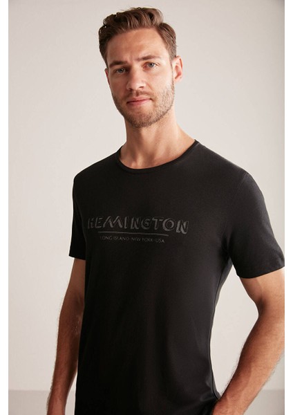 Baskılı Keten Pamuk Karışımlı Siyah T-Shirt