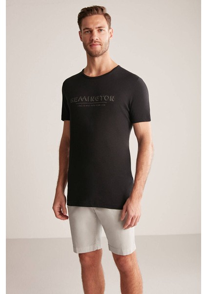 Baskılı Keten Pamuk Karışımlı Siyah T-Shirt fiyatları