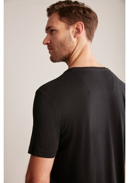 Baskılı Keten Pamuk Karışımlı Siyah T-Shirt modelleri
