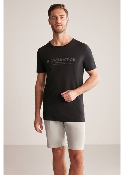 Baskılı Keten Pamuk Karışımlı Siyah T-Shirt fırsatları