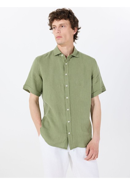 Yeşil Erkek Düğmeli Standart Gömlek Mr Short Sleeve
