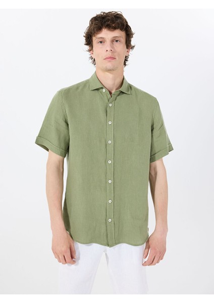 Yeşil Erkek Düğmeli Standart Gömlek Mr Short Sleeve