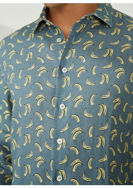 Slim Fit Düğmeli Yaka Mavi Erkek Gömlek Mr Mood Special Edition