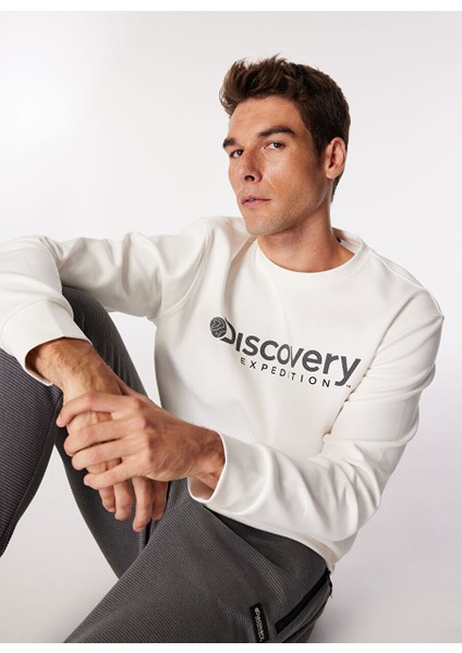 Ekru Erkek Bisiklet Yaka Relaxed Baskılı Sweatshirt D4WM-SWT3225