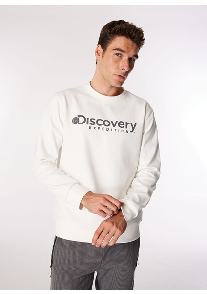 Ekru Erkek Bisiklet Yaka Relaxed Baskılı Sweatshirt D4WM-SWT3225