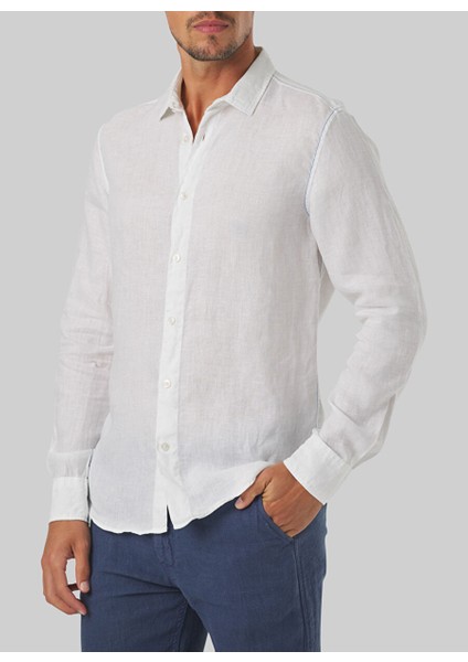 Standart Düğmeli Yaka Beyaz Erkek Gömlek Mr Linen Shirt