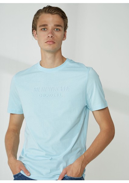 Bisiklet Yaka Düz Mavi Erkek T-Shirt Emboss T-Shırt