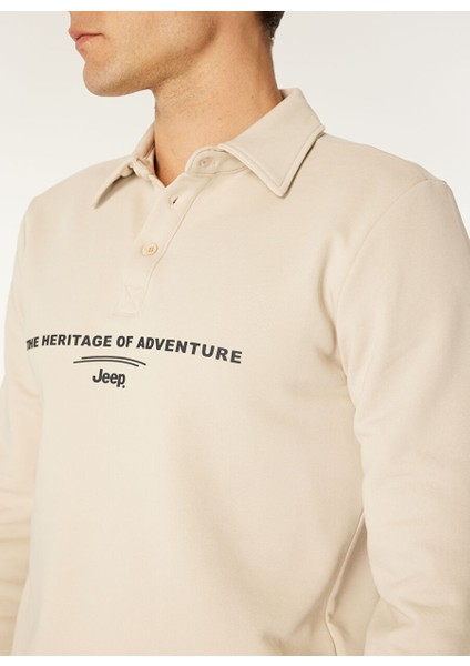 Bej Erkek Polo Basic Baskılı Sweatshirt C4WM-SWT4247