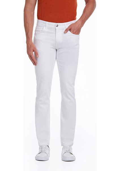 Beyaz Regular Fit Düz Pamuklu 5 Cep Kot Pantolon