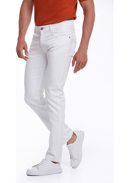 Beyaz Regular Fit Düz Pamuklu 5 Cep Kot Pantolon
