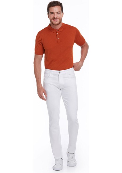 Beyaz Regular Fit Düz Pamuklu 5 Cep Kot Pantolon