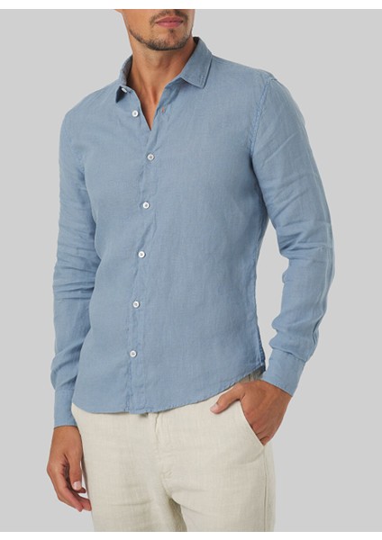 Standart Düğmeli Yaka Mavi Erkek Gömlek Mr Linen Shirt