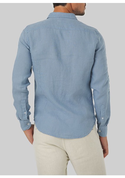 Standart Düğmeli Yaka Mavi Erkek Gömlek Mr Linen Shirt