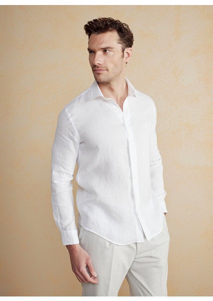 Beyaz Erkek Italyan Slim Fit Gömlek BBSS25MSH014