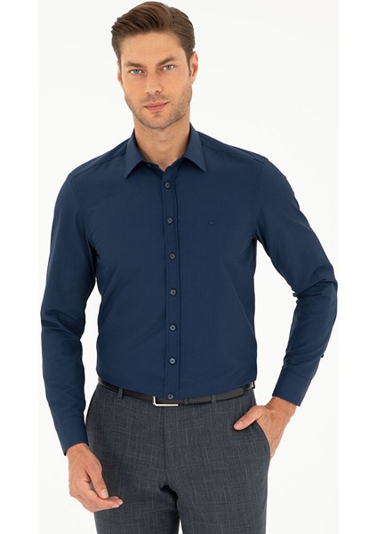 Lacivert Slim Fit Uzun Kollu Gömlek
