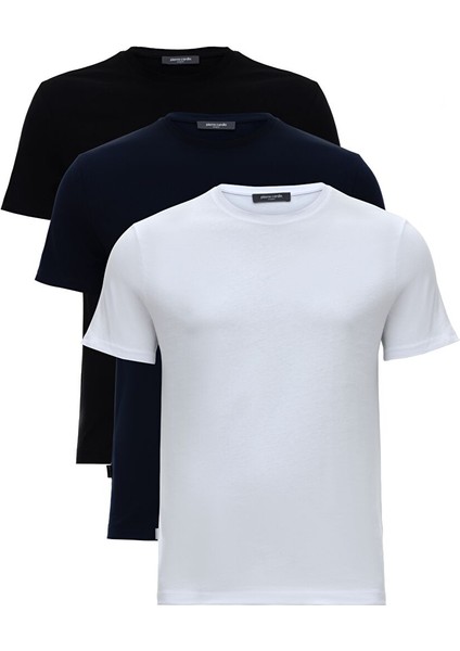 Beyaz-Lacivert-Siyah 3'lü Slim Fit %100 Pamuk Bisiklet Yaka Basic Tişört Paketi