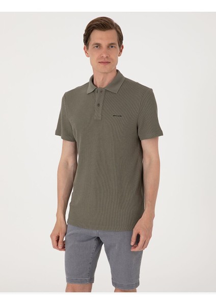 Haki Slim Fit Örme Dokulu Polo Yaka Tişört