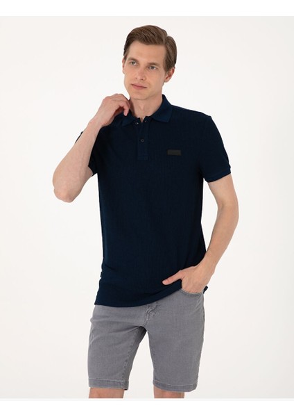 Lacivert Slim Fit Örme Dokulu Polo Yaka Tişört