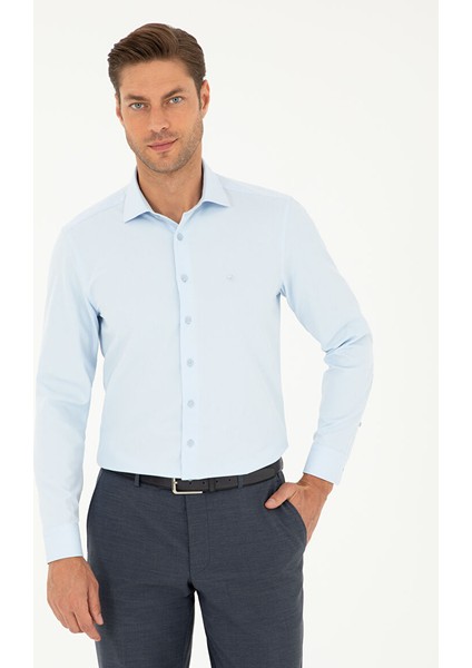 Açık Mavi Slim Fit Armürlü Uzun Kollu Gömlek