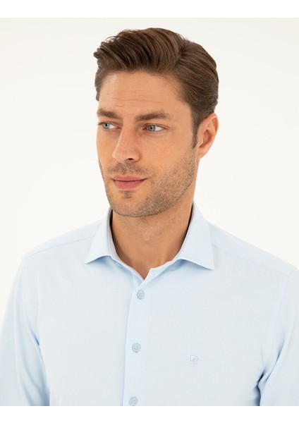 Açık Mavi Slim Fit Armürlü Uzun Kollu Gömlek